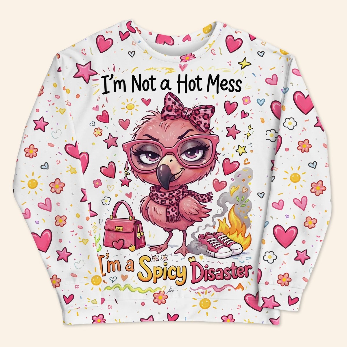 Sassy "Spicy Disaster" Flamingo AOP Sweatshirt - Cozy Funny Quote Women's Gift - FlamingoAholic