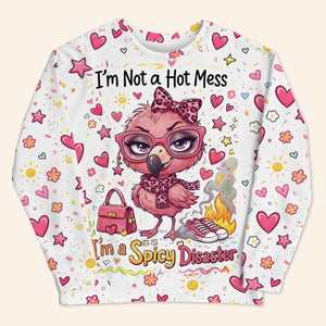 Sassy "Spicy Disaster" Flamingo AOP Sweatshirt - Cozy Funny Quote Women's Gift - FlamingoAholic