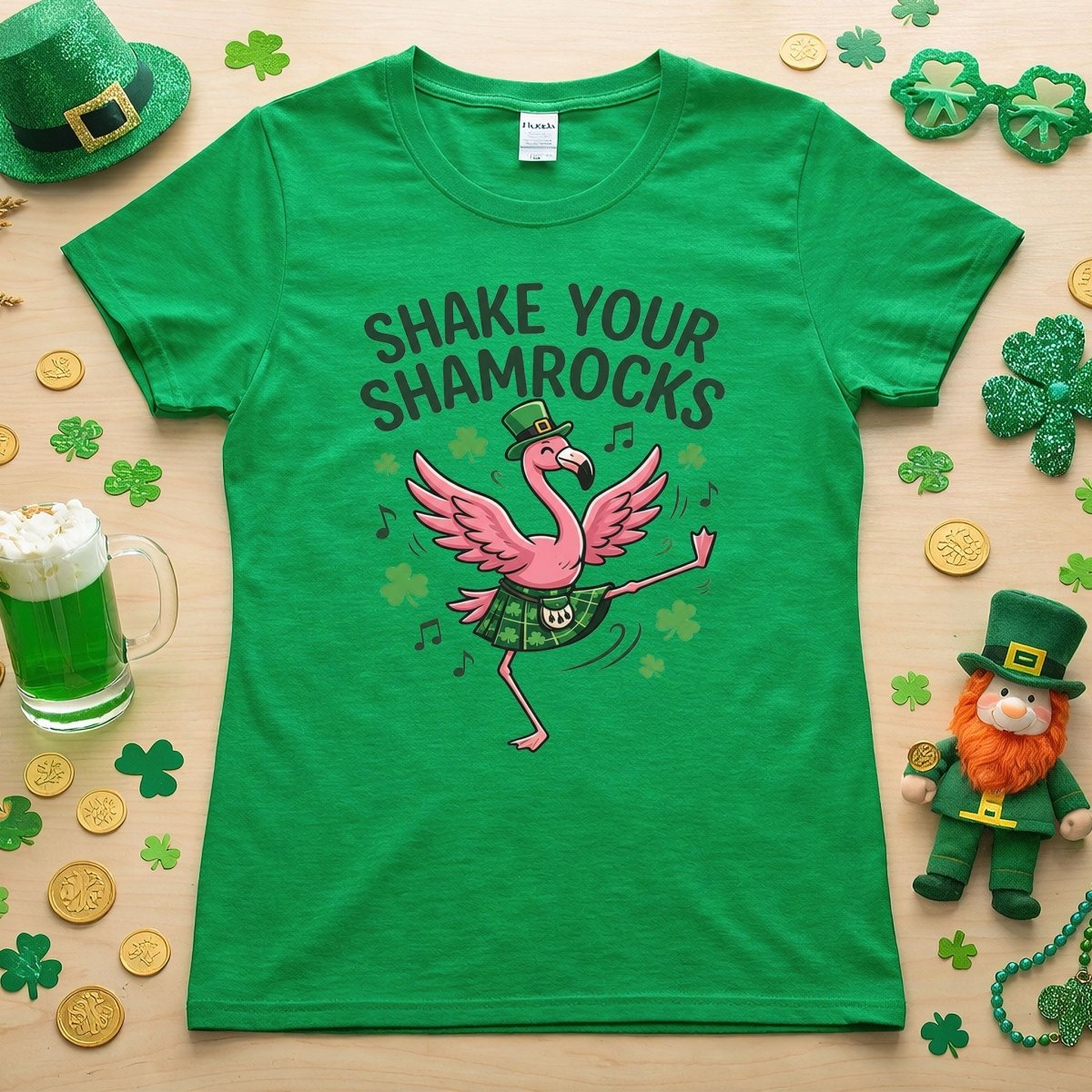 Shake Your Shamrocks Dancing Flamingo St. Patrick's Day T-Shirt - Funny Irish Party Tee for Women - FlamingoAholic