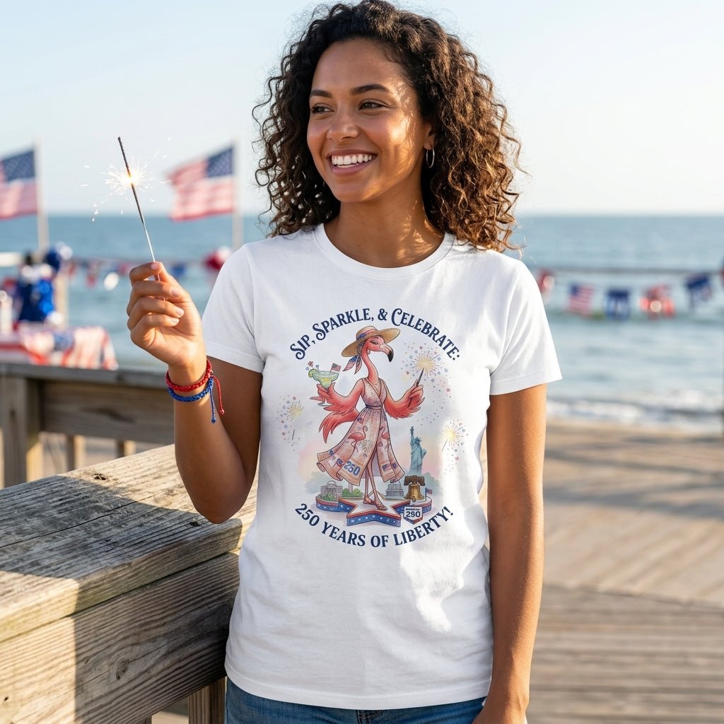 Sip, Sparkle, & Celebrate: 250 Years of Liberty Flamingo Shirt - FlamingoAholic