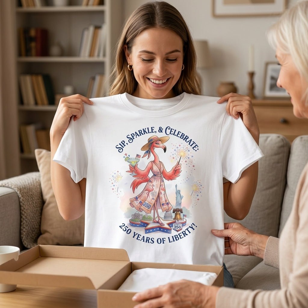 Sip, Sparkle, & Celebrate: 250 Years of Liberty Flamingo Shirt - FlamingoAholic
