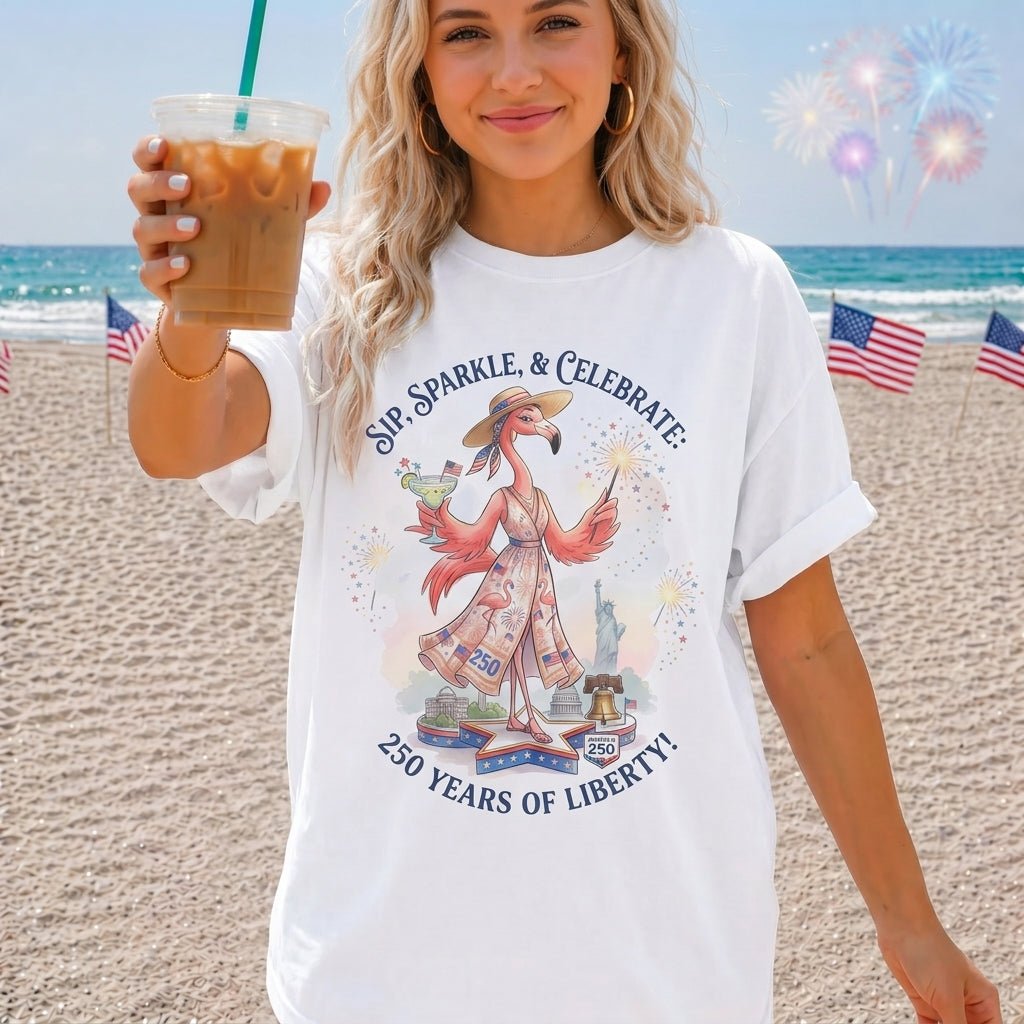 Sip, Sparkle, & Celebrate: 250 Years of Liberty Flamingo Shirt - FlamingoAholic