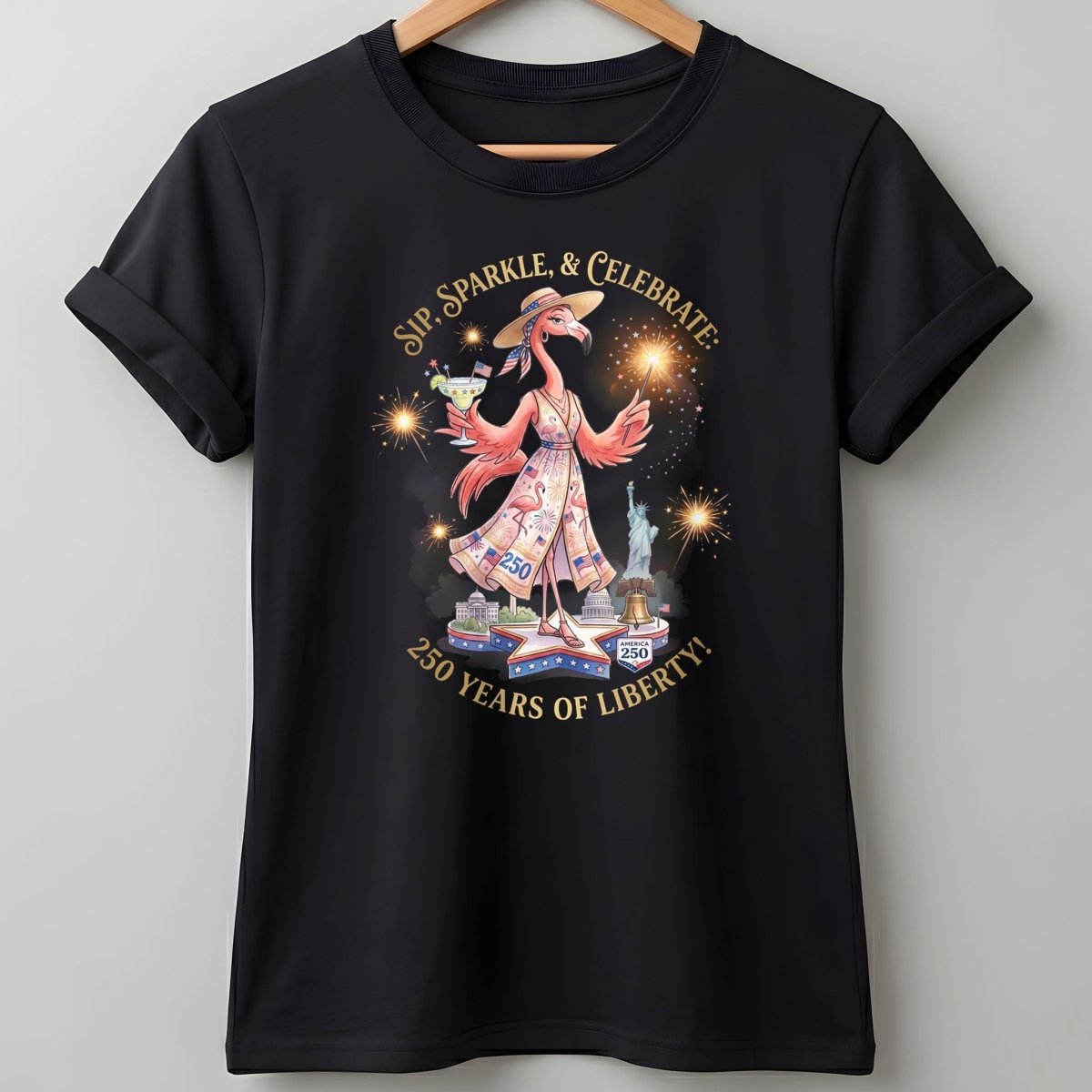 Sip, Sparkle, & Celebrate: 250 Years of Liberty Flamingo Shirt - FlamingoAholic