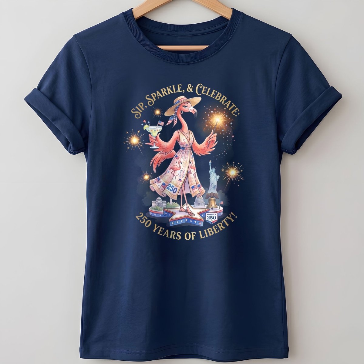 Sip, Sparkle, & Celebrate: 250 Years of Liberty Flamingo Shirt - FlamingoAholic