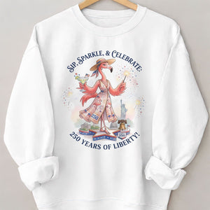Sip, Sparkle, & Celebrate: 250 Years of Liberty Flamingo Shirt - FlamingoAholic