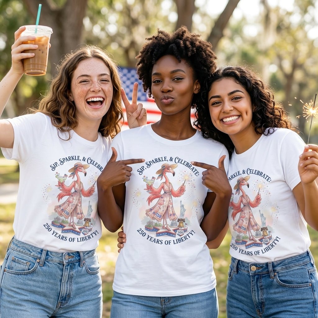 Sip, Sparkle, & Celebrate: 250 Years of Liberty Flamingo Shirt - FlamingoAholic