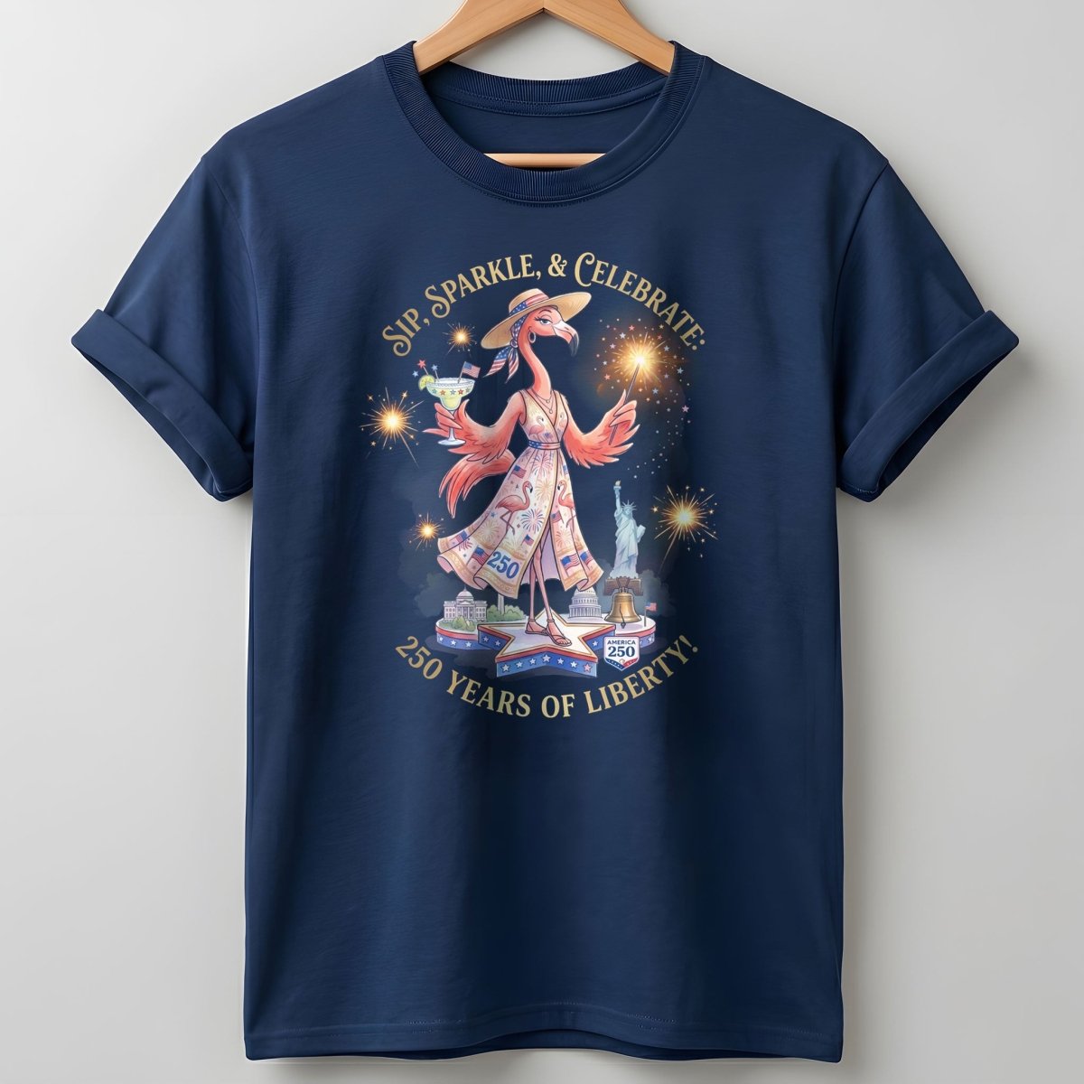 Sip, Sparkle, & Celebrate: 250 Years of Liberty Flamingo Shirt - FlamingoAholic