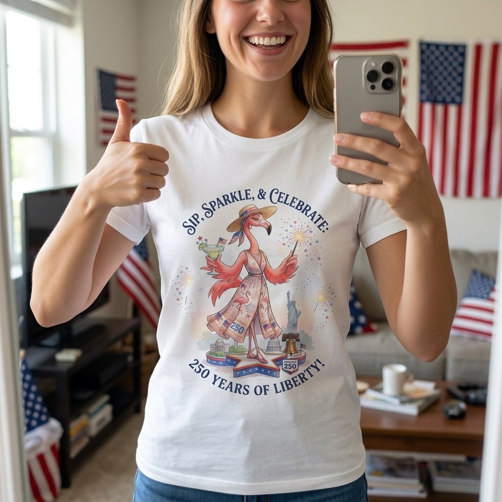 Sip, Sparkle, & Celebrate: 250 Years of Liberty Flamingo Shirt - FlamingoAholic