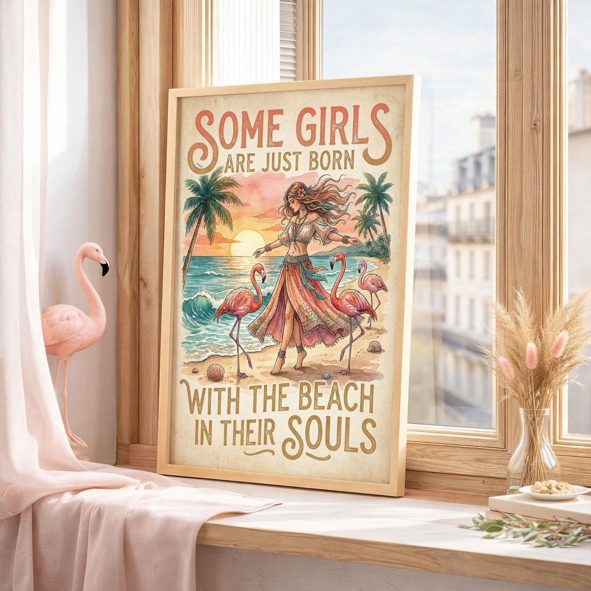 Some Girls Are Just Born With The Beach In Their Souls Poster - Boho Flamingo Coastal Wall Art for Beach Lovers - FlamingoAholic