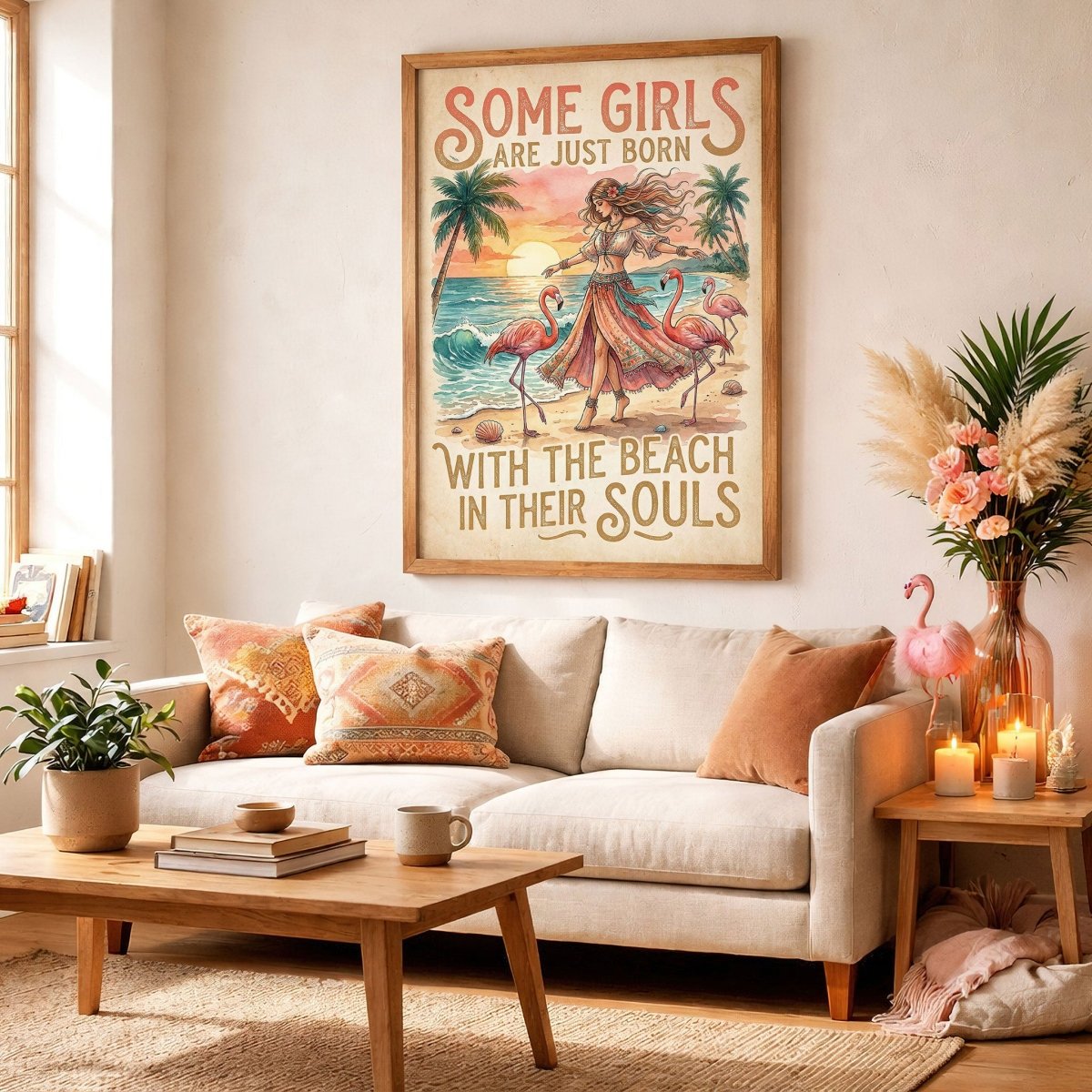 Some Girls Are Just Born With The Beach In Their Souls Poster - Boho Flamingo Coastal Wall Art for Beach Lovers - FlamingoAholic