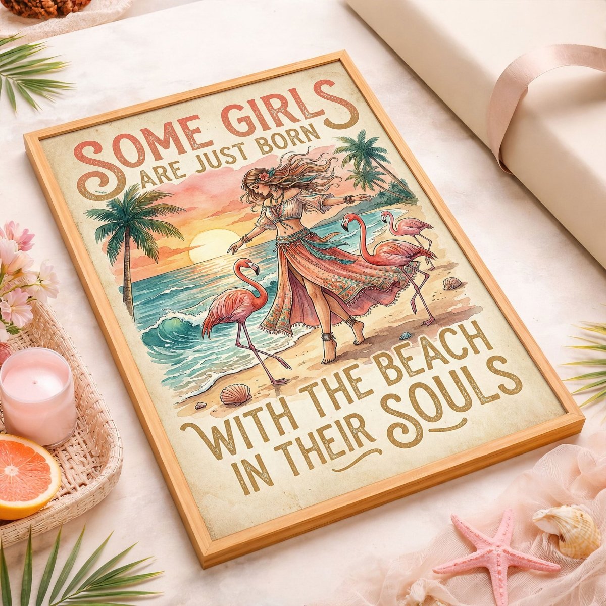 Some Girls Are Just Born With The Beach In Their Souls Poster - Boho Flamingo Coastal Wall Art for Beach Lovers - FlamingoAholic