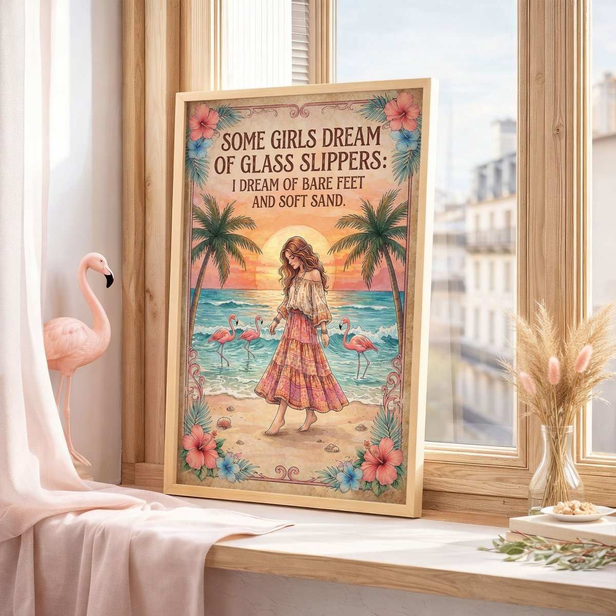Some Girls Dream of Glass Slippers – Flamingo Beach Boho Girl Poster - FlamingoAholic