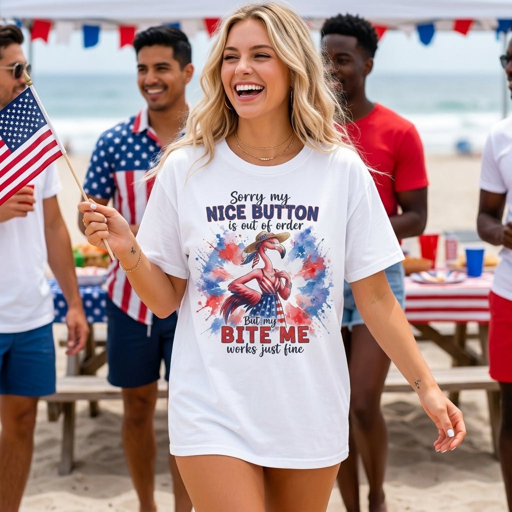 Sorry My Nice Button Out Of Order Bite Me Flamingo July 4th Shirt - FlamingoAholic
