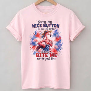 Sorry My Nice Button Out Of Order Bite Me Flamingo July 4th Shirt - FlamingoAholic