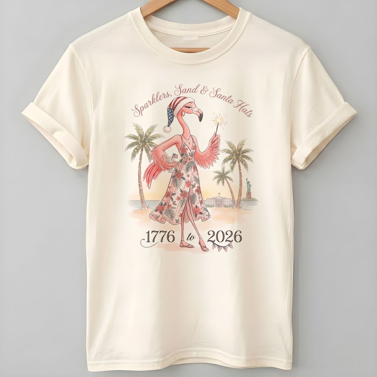Sparklers, Sand & Santa Hats Christmas in July Flamingo Shirt - FlamingoAholic