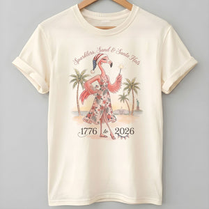 Sparklers, Sand & Santa Hats Christmas in July Flamingo Shirt - FlamingoAholic
