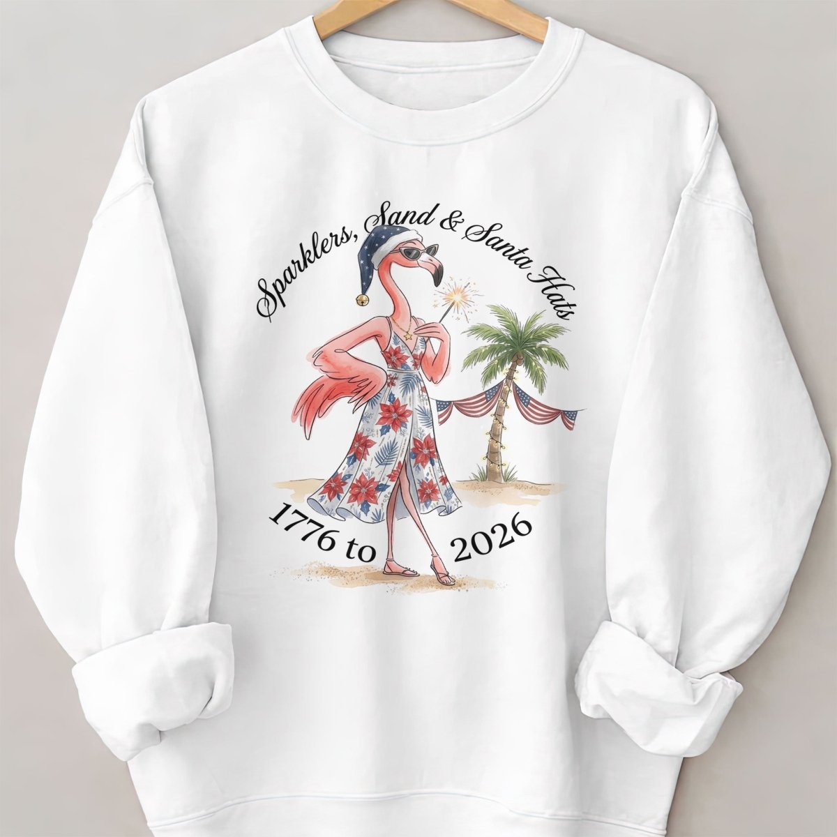 Sparklers, Sand & Santa Hats Christmas in July Flamingo Shirt - FlamingoAholic