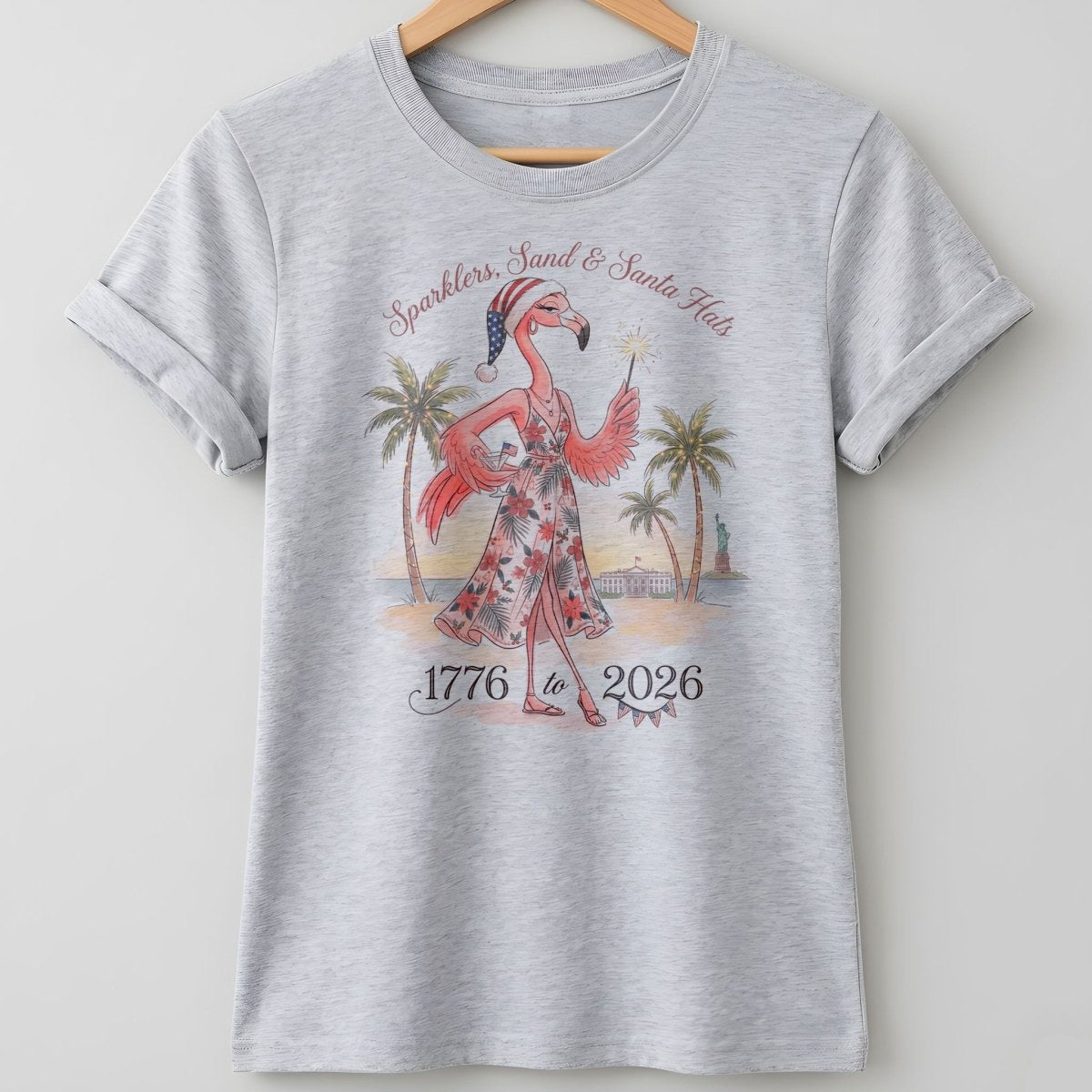 Sparklers, Sand & Santa Hats Christmas in July Flamingo Shirt - FlamingoAholic