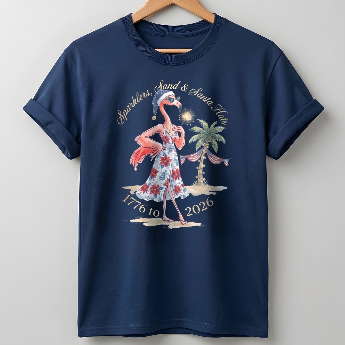 Sparklers, Sand & Santa Hats Christmas in July Flamingo Shirt - FlamingoAholic
