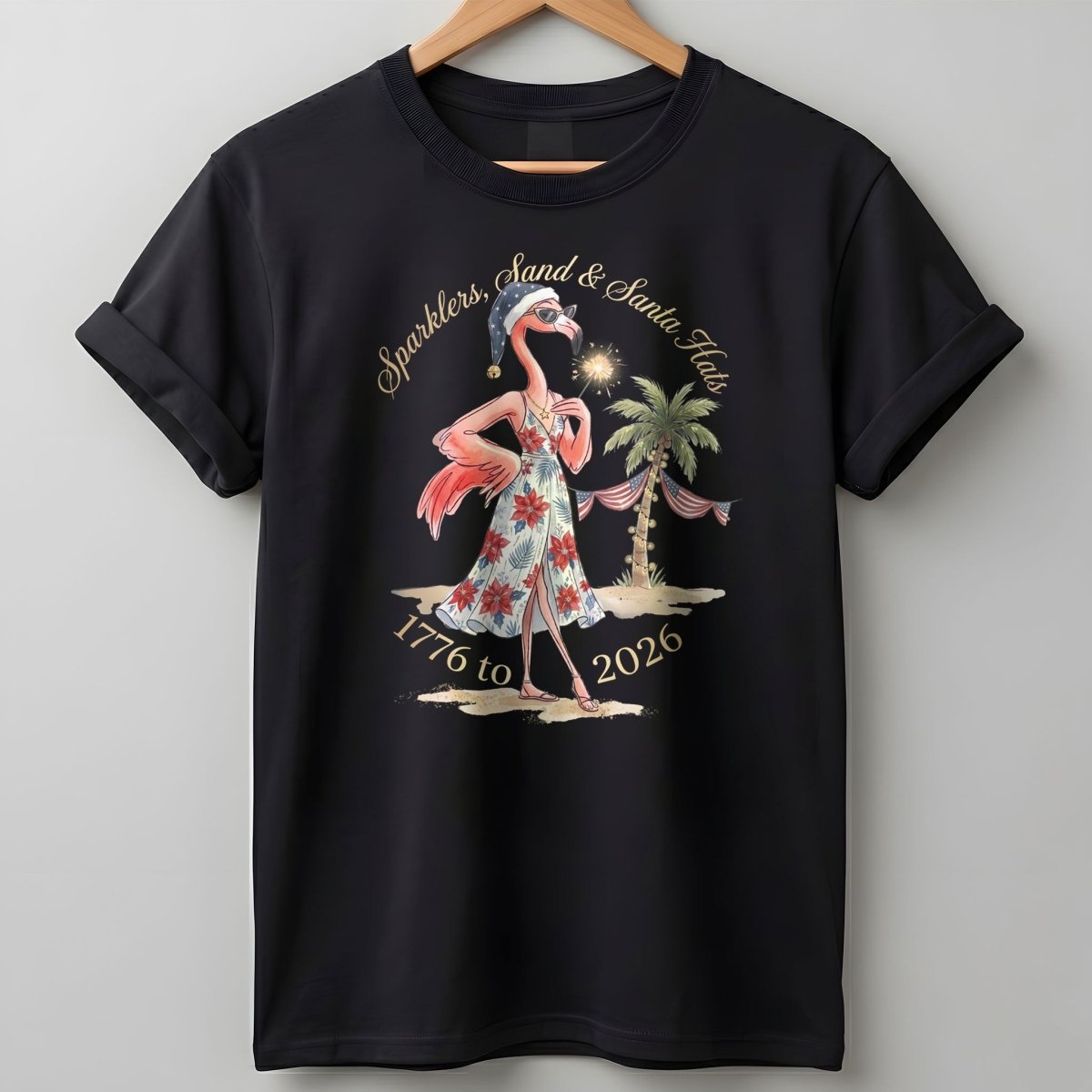 Sparklers, Sand & Santa Hats Christmas in July Flamingo Shirt - FlamingoAholic