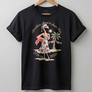 Sparklers, Sand & Santa Hats Christmas in July Flamingo Shirt - FlamingoAholic