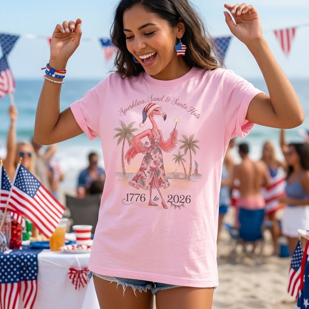 Sparklers, Sand & Santa Hats Christmas in July Flamingo Shirt - FlamingoAholic