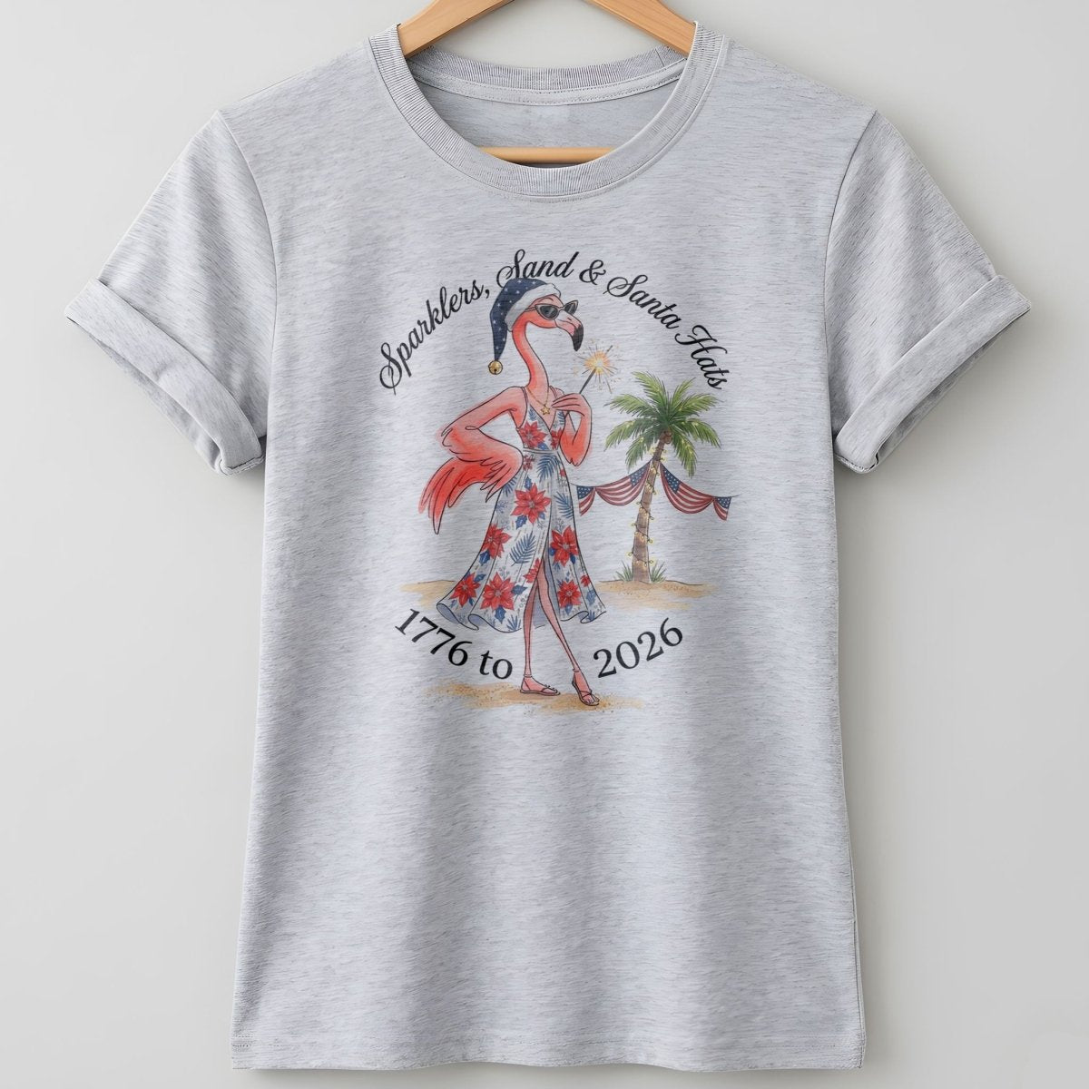 Sparklers, Sand & Santa Hats Christmas in July Flamingo Shirt - FlamingoAholic