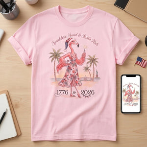 Sparklers, Sand & Santa Hats Christmas in July Flamingo Shirt - FlamingoAholic