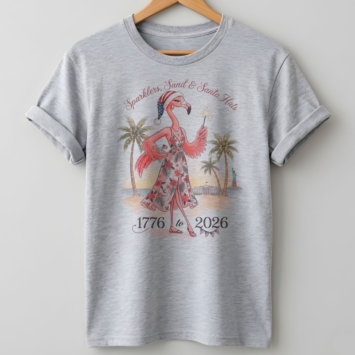 Sparklers, Sand & Santa Hats Christmas in July Flamingo Shirt - FlamingoAholic