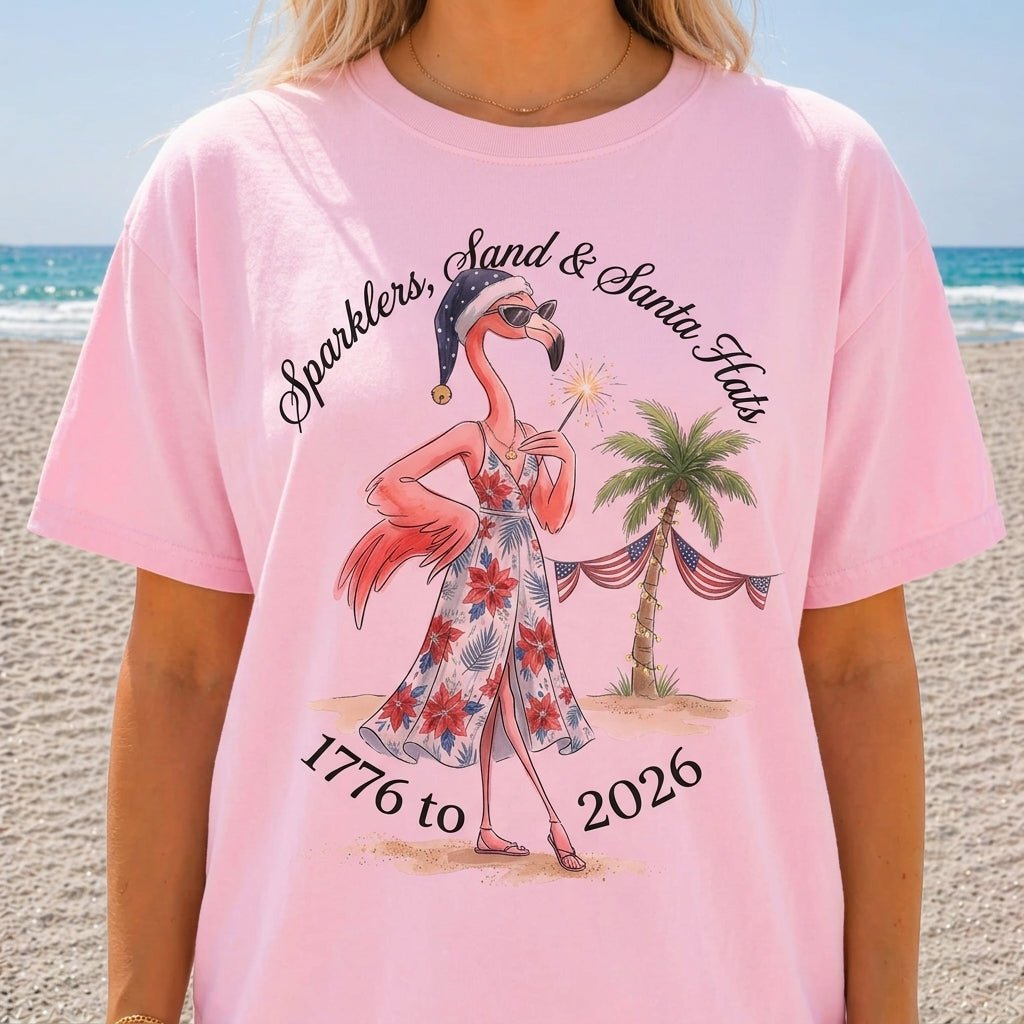 Sparklers, Sand & Santa Hats Christmas in July Flamingo Shirt - FlamingoAholic