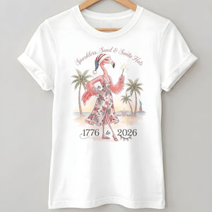 Sparklers, Sand & Santa Hats Christmas in July Flamingo Shirt - FlamingoAholic