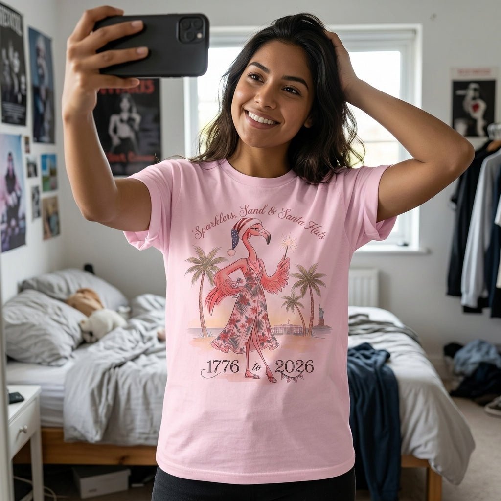 Sparklers, Sand & Santa Hats Christmas in July Flamingo Shirt - FlamingoAholic