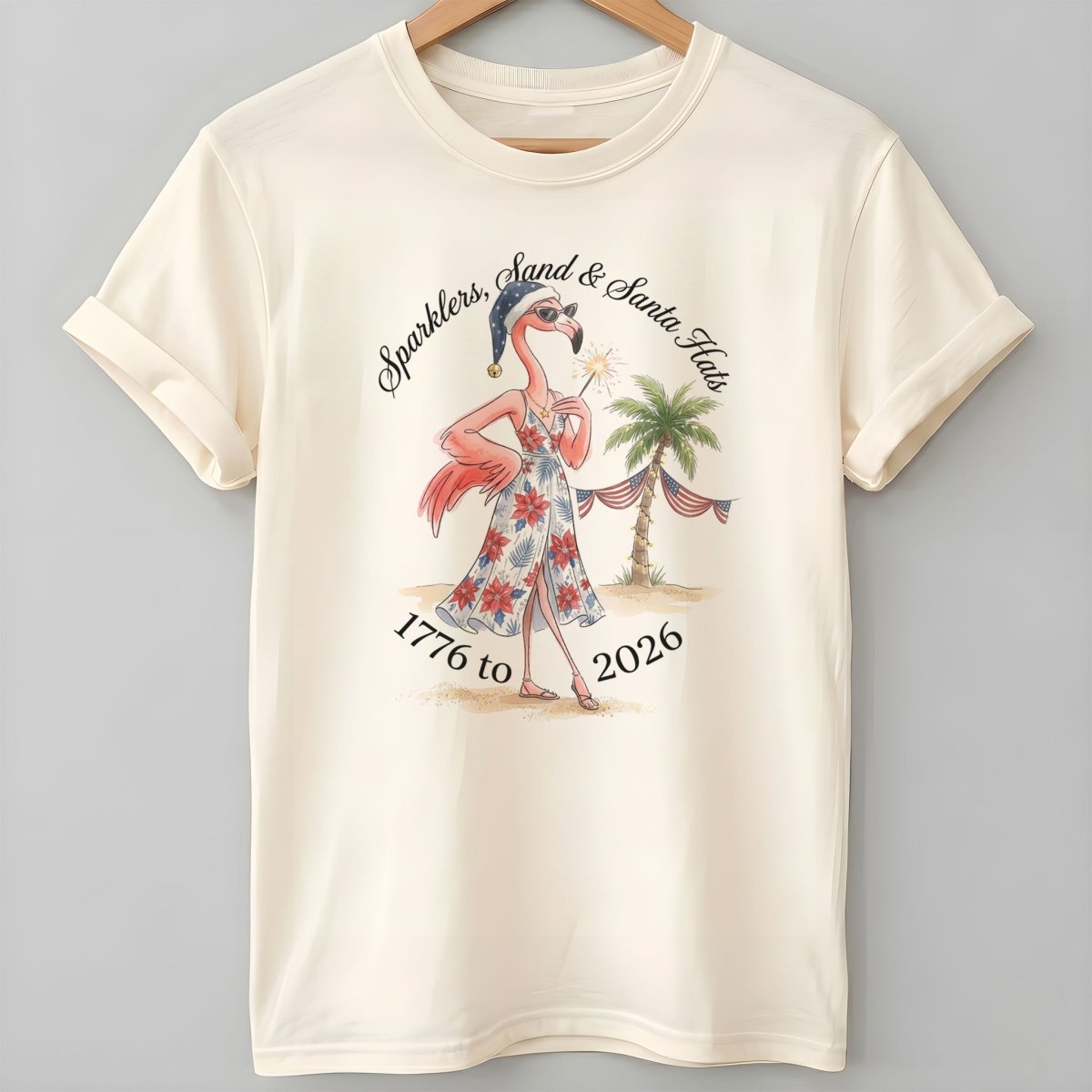 Sparklers, Sand & Santa Hats Christmas in July Flamingo Shirt - FlamingoAholic
