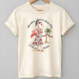 Sparklers, Sand & Santa Hats Christmas in July Flamingo Shirt - FlamingoAholic