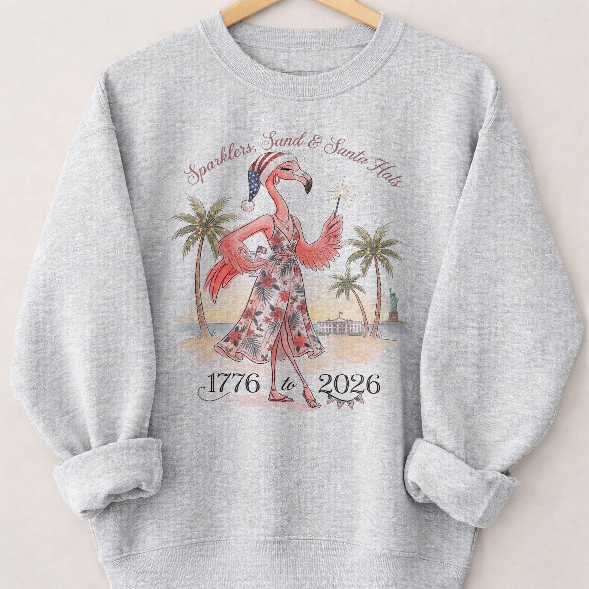 Sparklers, Sand & Santa Hats Christmas in July Flamingo Shirt - FlamingoAholic