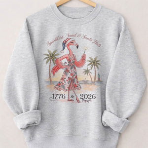Sparklers, Sand & Santa Hats Christmas in July Flamingo Shirt - FlamingoAholic