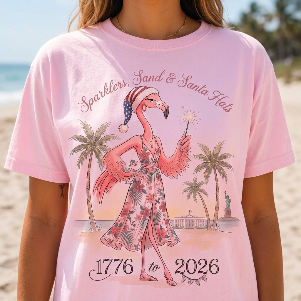 Sparklers, Sand & Santa Hats Christmas in July Flamingo Shirt - FlamingoAholic