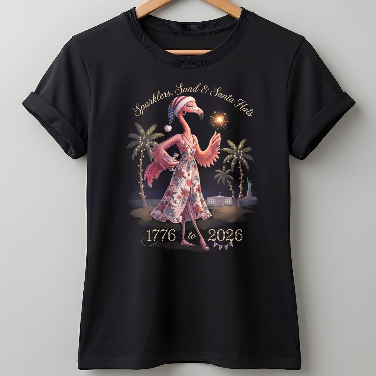 Sparklers, Sand & Santa Hats Christmas in July Flamingo Shirt - FlamingoAholic