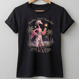 Sparklers, Sand & Santa Hats Christmas in July Flamingo Shirt - FlamingoAholic