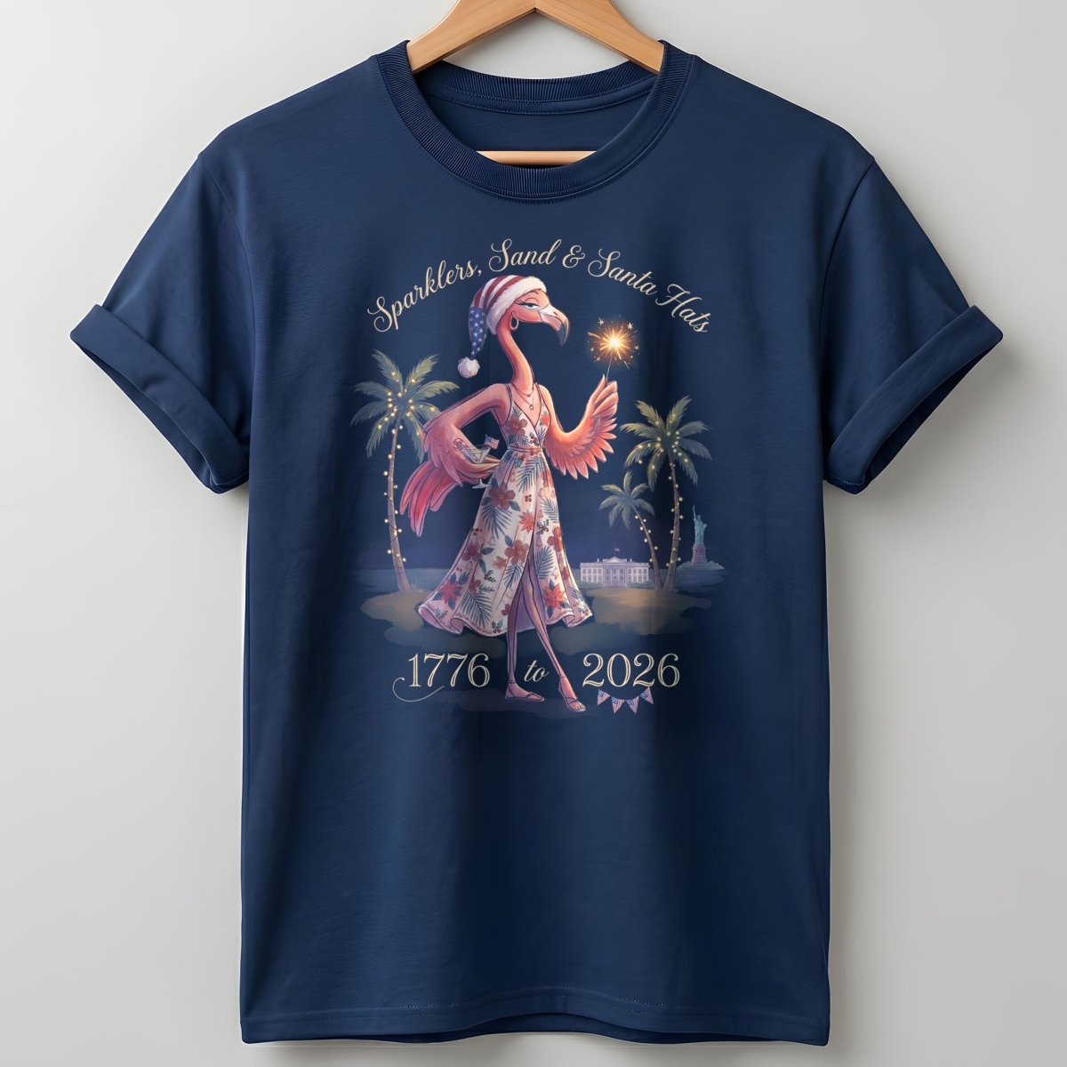 Sparklers, Sand & Santa Hats Christmas in July Flamingo Shirt - FlamingoAholic