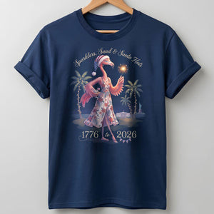 Sparklers, Sand & Santa Hats Christmas in July Flamingo Shirt - FlamingoAholic
