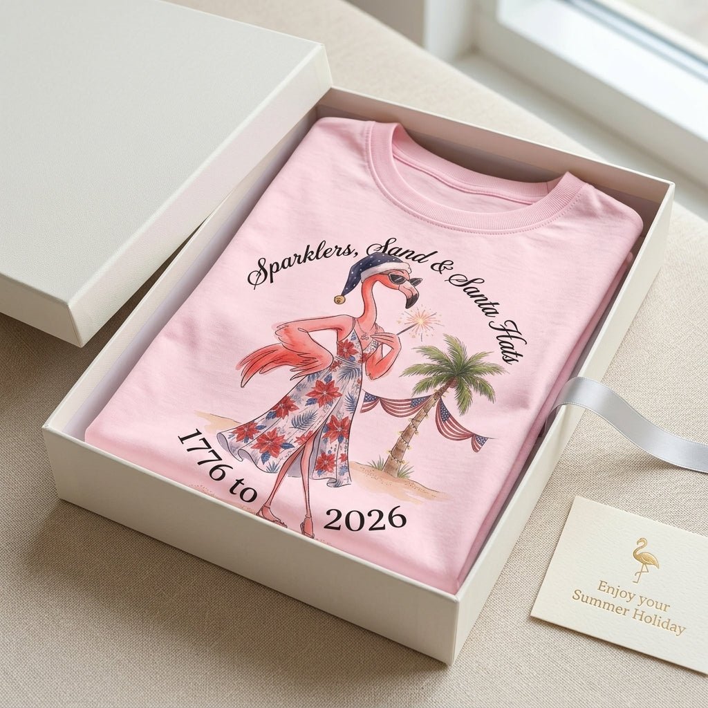 Sparklers, Sand & Santa Hats Christmas in July Flamingo Shirt - FlamingoAholic