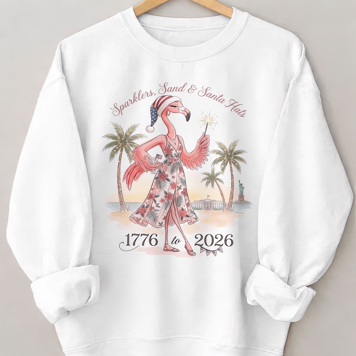 Sparklers, Sand & Santa Hats Christmas in July Flamingo Shirt - FlamingoAholic