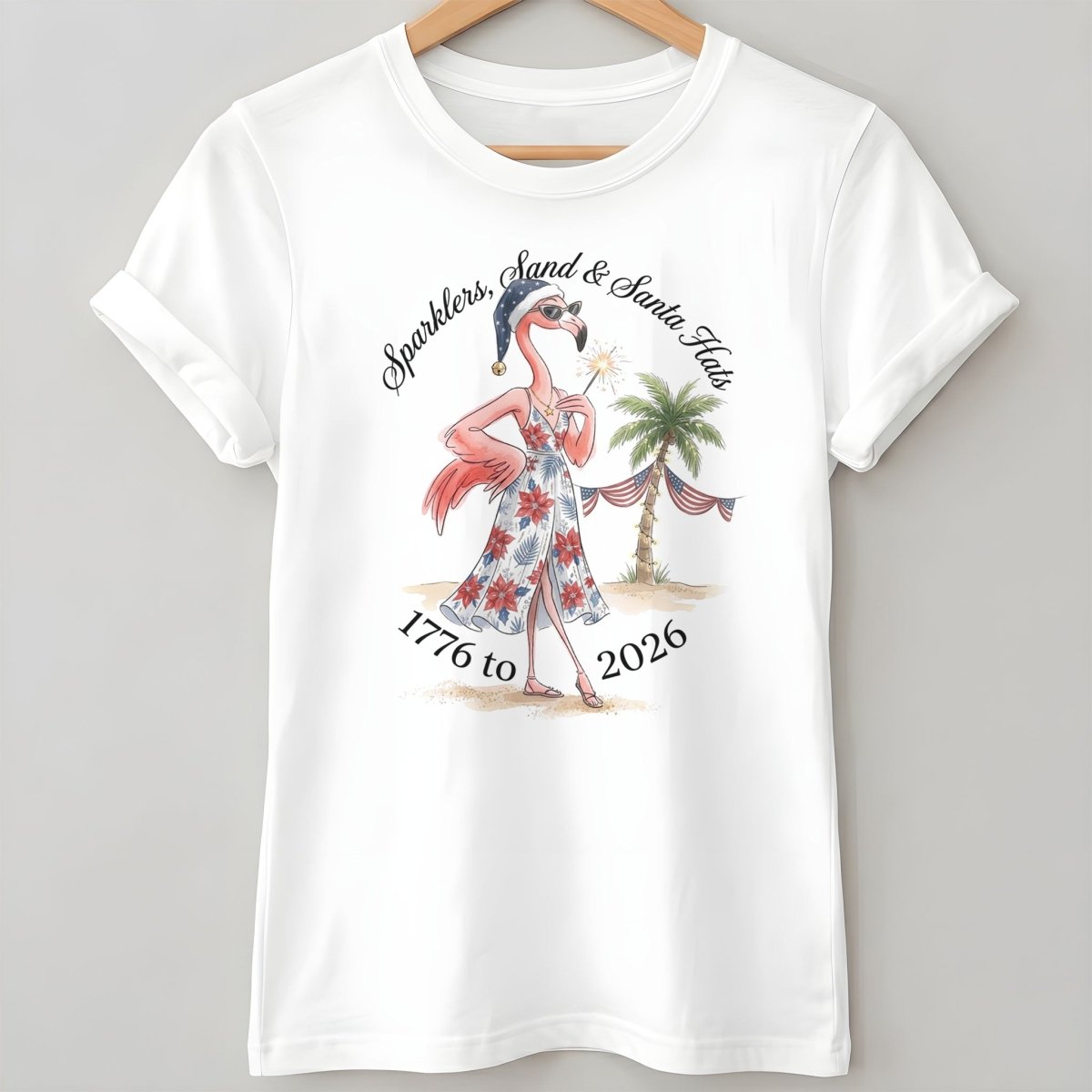 Sparklers, Sand & Santa Hats Christmas in July Flamingo Shirt - FlamingoAholic