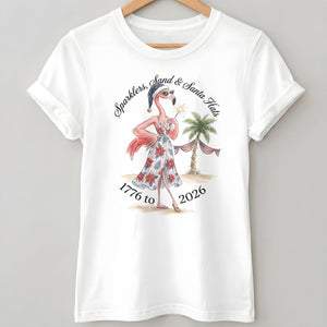 Sparklers, Sand & Santa Hats Christmas in July Flamingo Shirt - FlamingoAholic