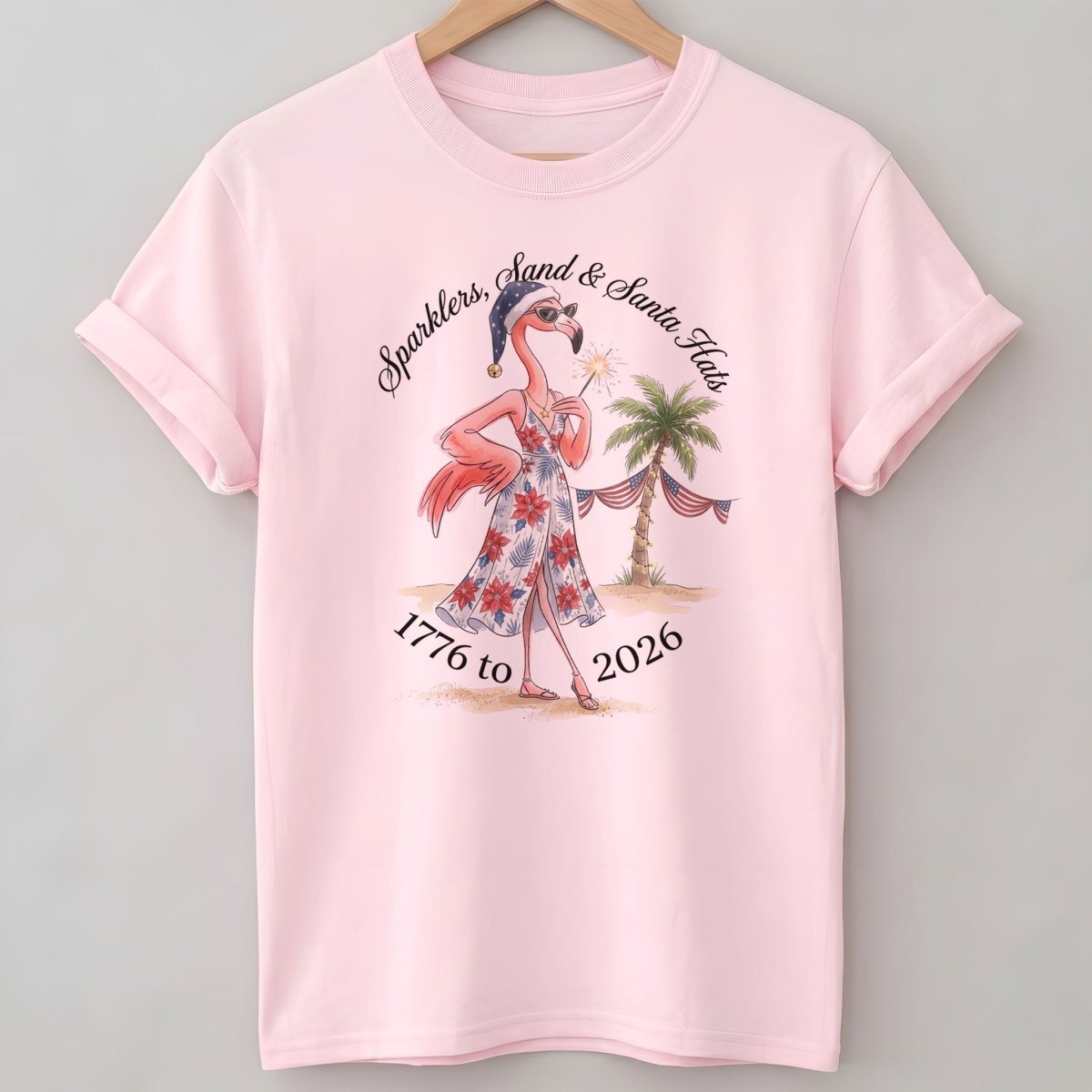 Sparklers, Sand & Santa Hats Christmas in July Flamingo Shirt - FlamingoAholic