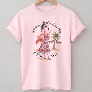 Sparklers, Sand & Santa Hats Christmas in July Flamingo Shirt - FlamingoAholic