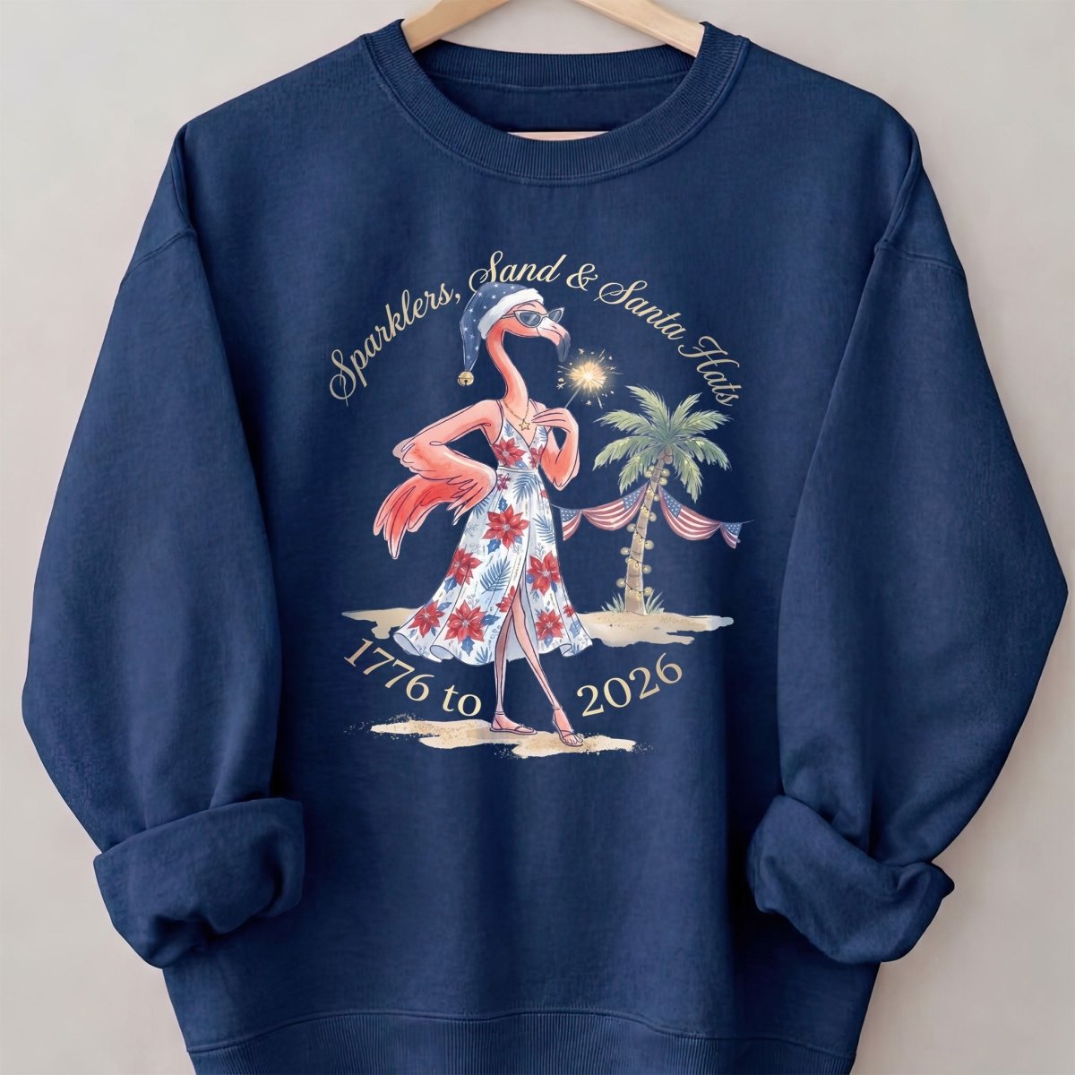 Sparklers, Sand & Santa Hats Christmas in July Flamingo Shirt - FlamingoAholic