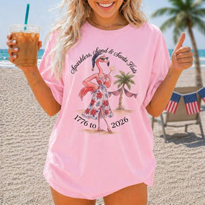 Sparklers, Sand & Santa Hats Christmas in July Flamingo Shirt - FlamingoAholic