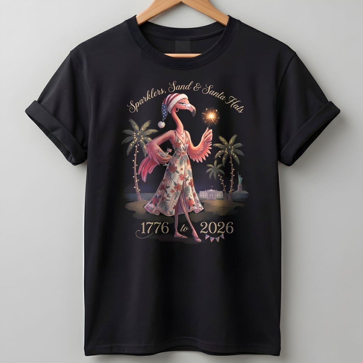 Sparklers, Sand & Santa Hats Christmas in July Flamingo Shirt - FlamingoAholic